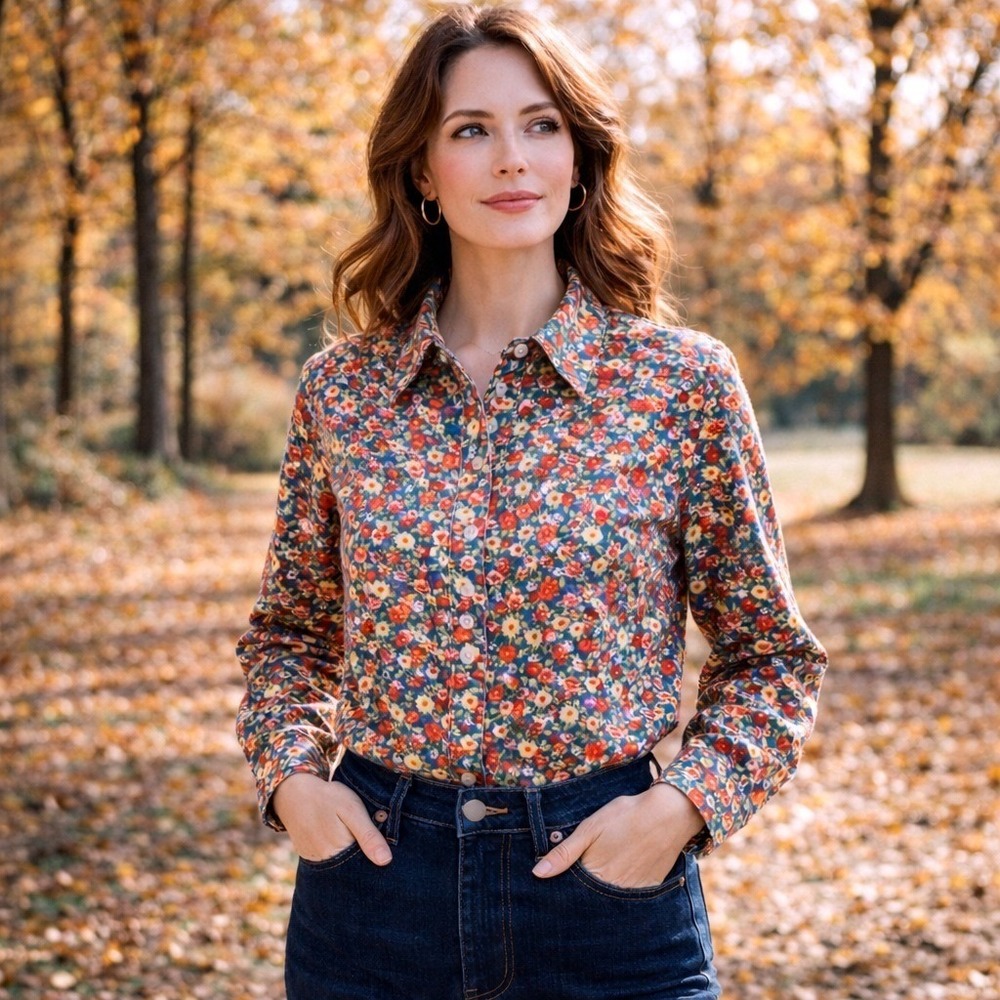 NorthStyle Floral Corduroy Shirt Jacket Womens M Blue Red Cottagecore Button Up